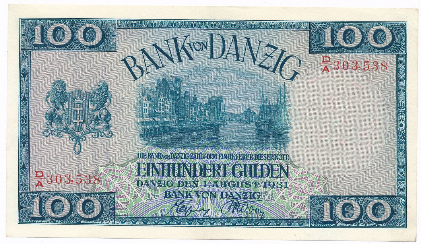 Wolne Miasto Gdańsk. 100 guldenów 1931 seria DA